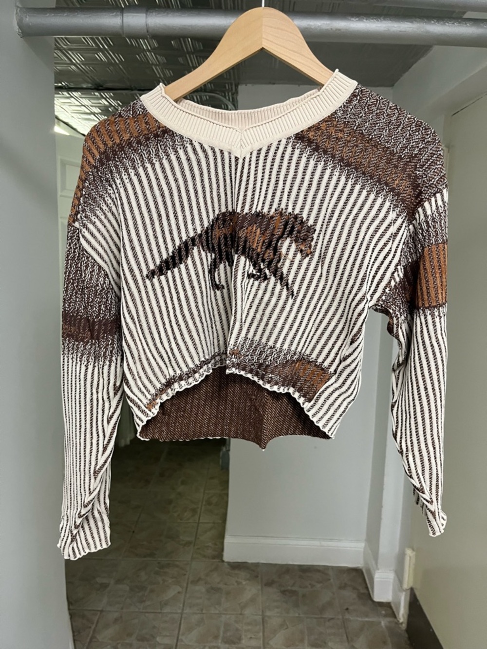 Women’s Striped Knit Cropped Sweater with Runnin’ Horse Motif - Yeehaw View 2